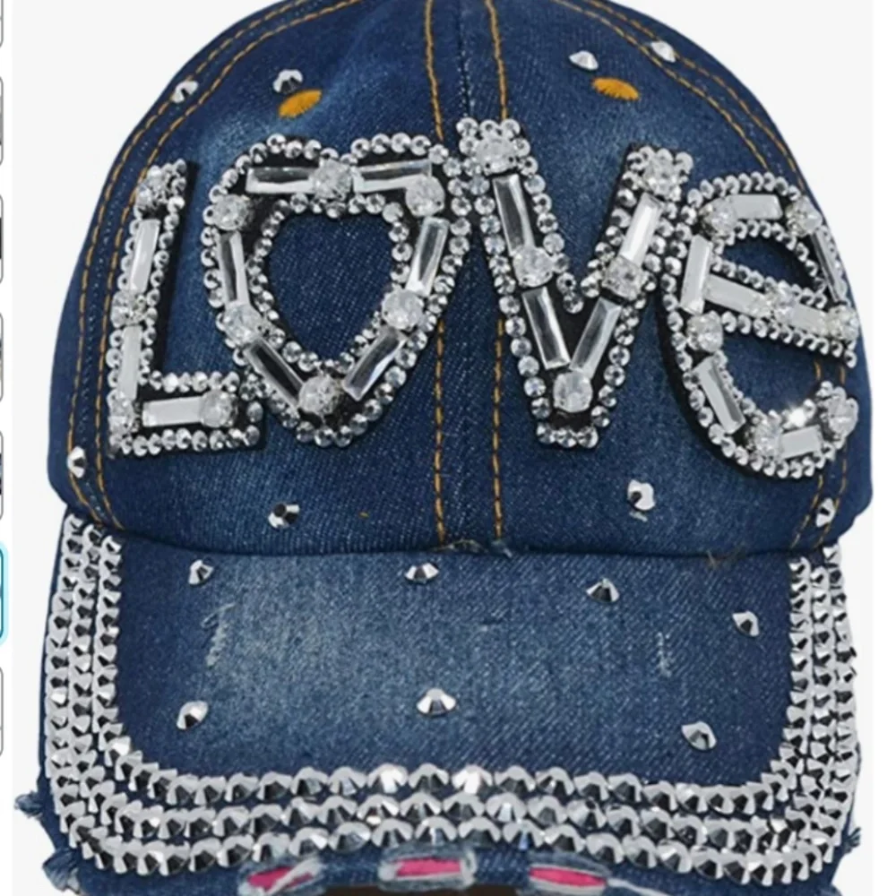Love Embellished Distressed Denim Adjustable Bling Cap OS - Picture 1 of 3